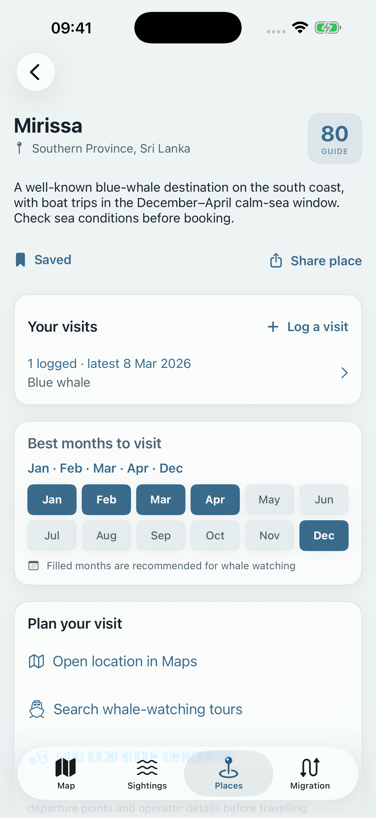 WhaleWise place guide for Mirissa with recommended visiting months and a sample visit